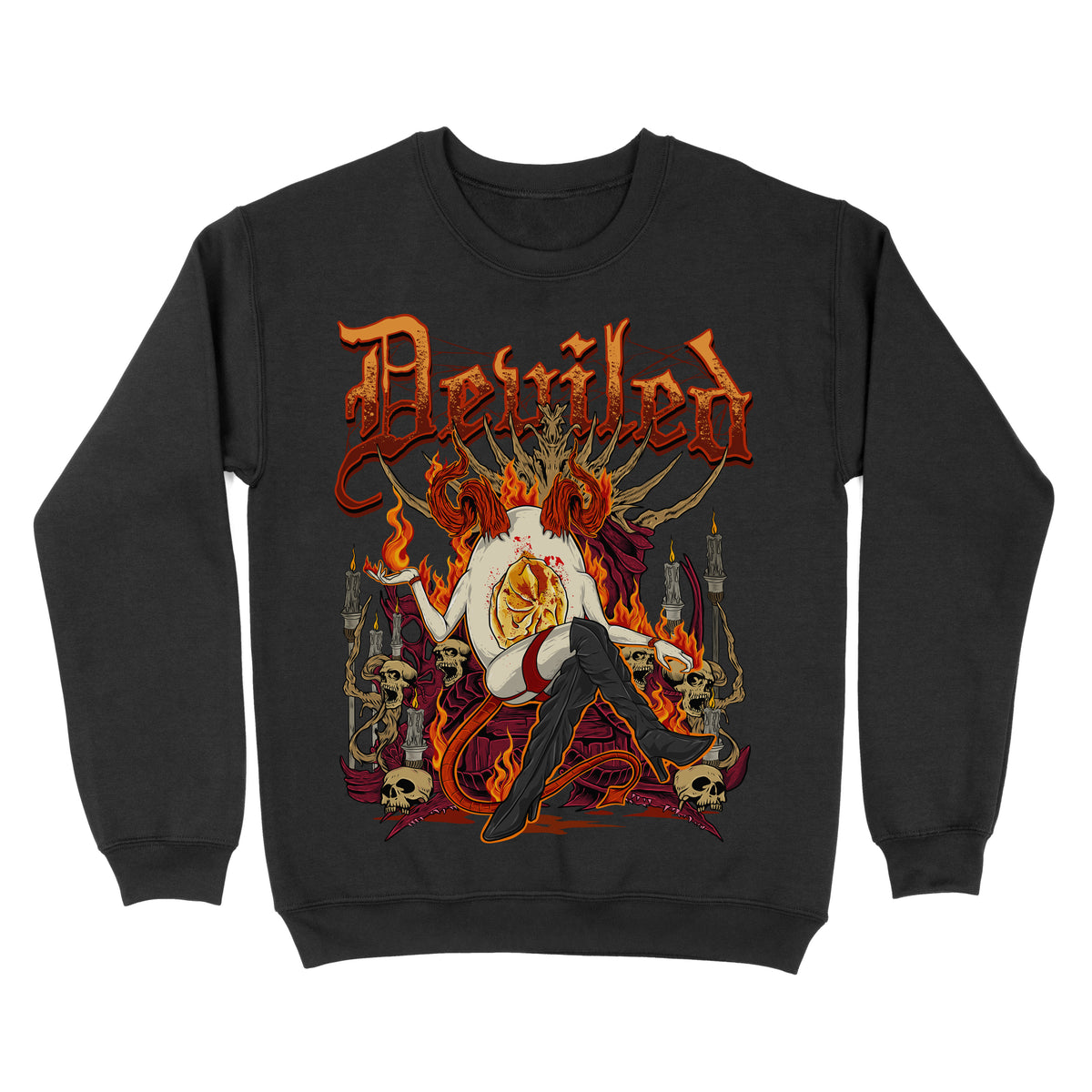 Black sweatshirt  with a graphic print of a egg person with flames around them, and text that reads 'DEVILED'.