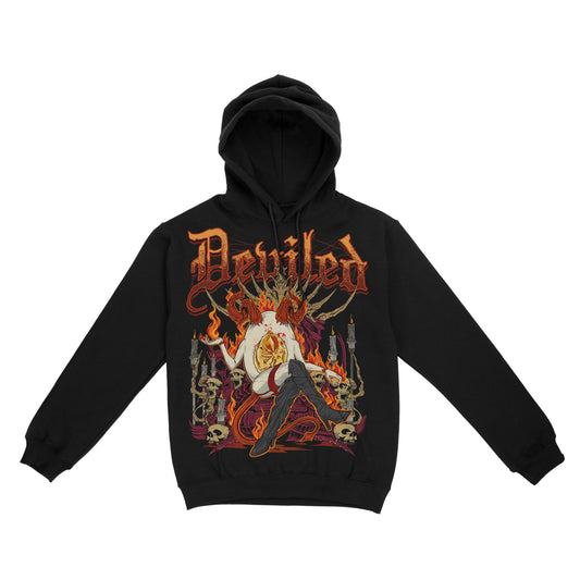 Black hoodie with a graphic print of a egg person with flames around them, and text that reads 'DEVILED'.