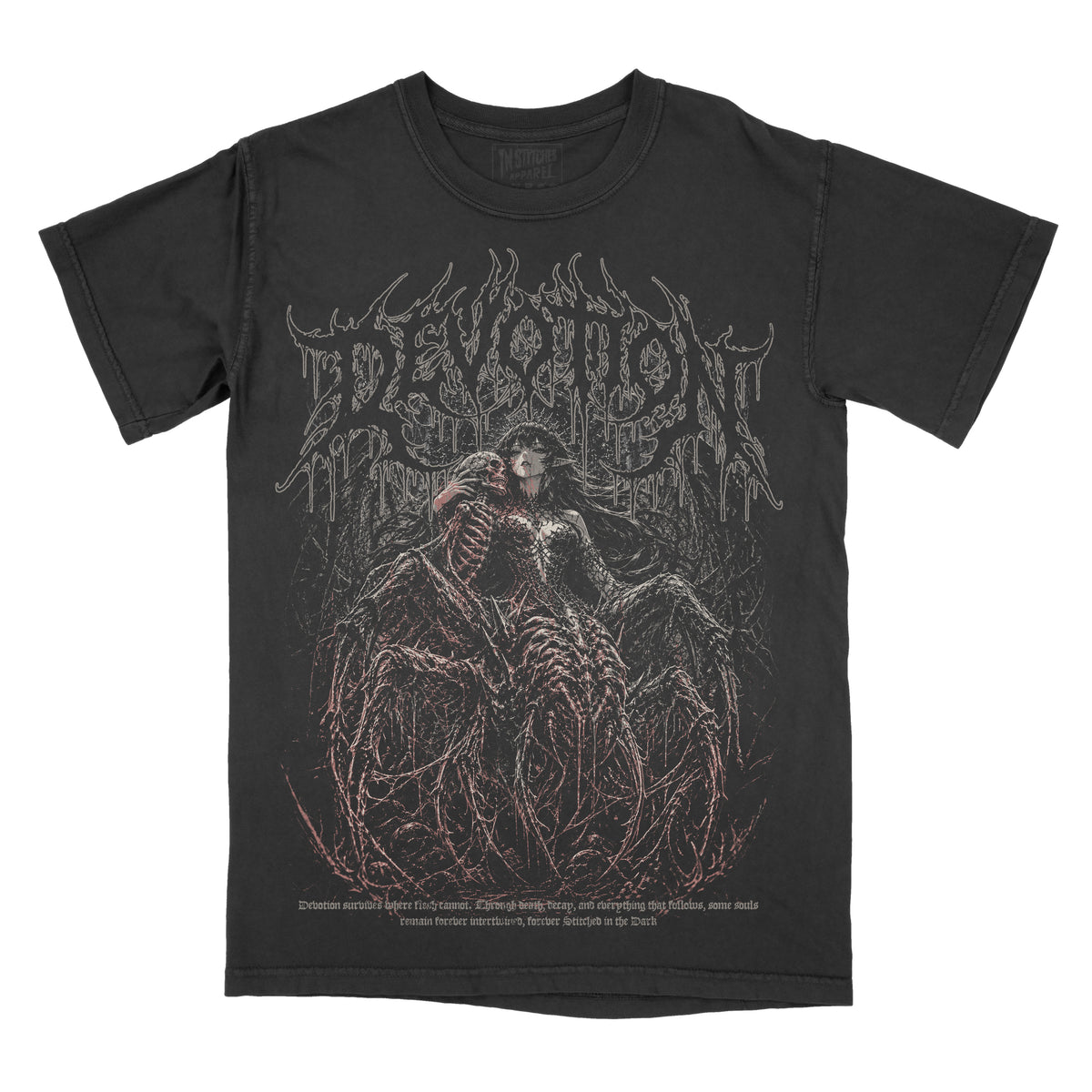 Black vintage-wash graphic tee featuring a gothic woman embracing a skeletal figure, surrounded by twisted roots and dark organic details, with distressed “Devotion” lettering across the top.
