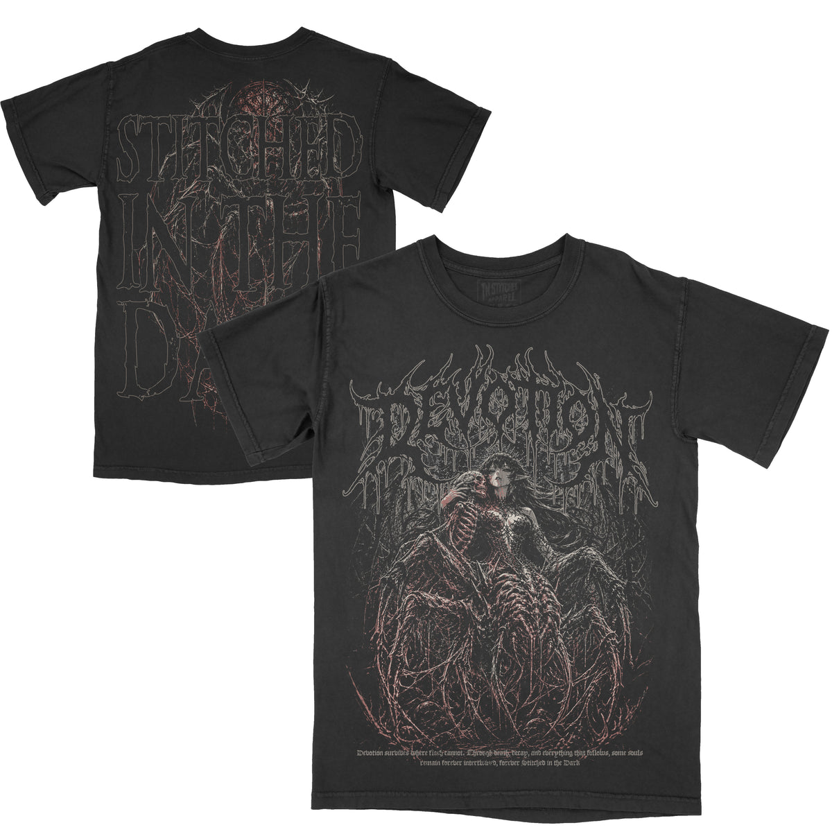 Front and back view of a black vintage-wash graphic tee featuring a dark gothic woman intertwined with skeletal figures and twisted roots, with distressed “Devotion” lettering on the front and an oversized “Stitched in the Dark” graphic on the back.