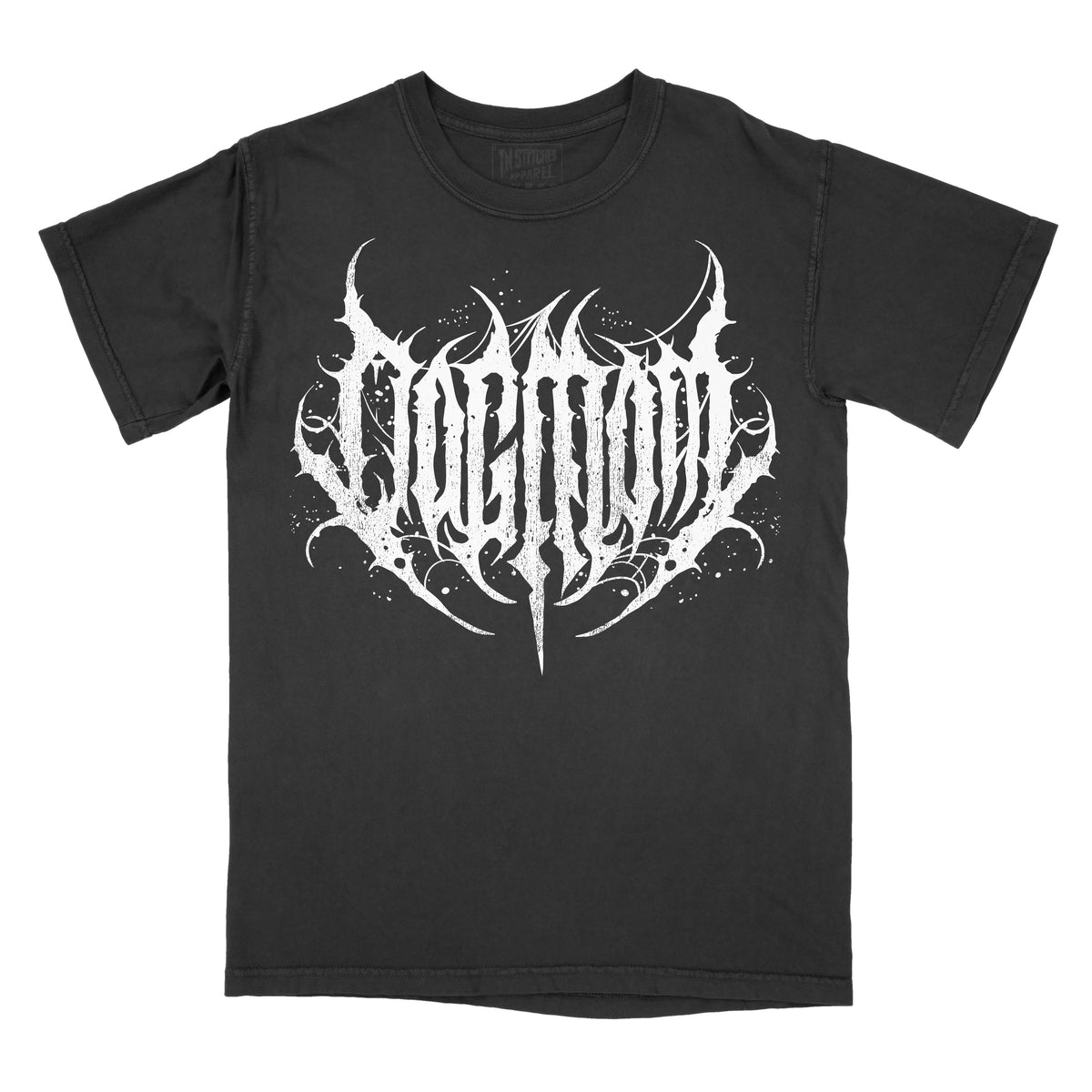 Black graphic tee with the text 'DOG MOM' in a stylized metal font.