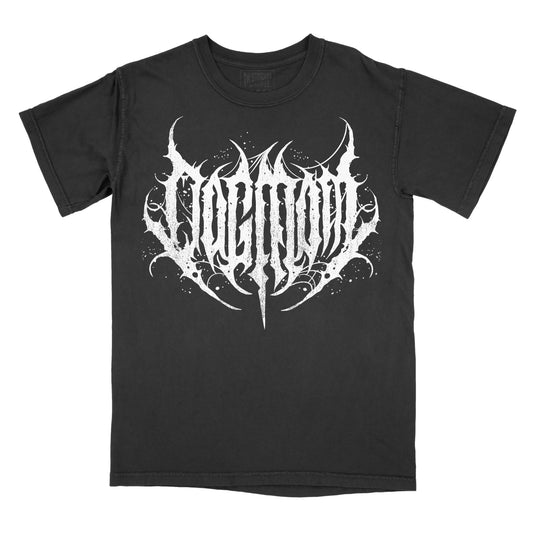 Black graphic tee with the text 'DOG MOM' in a stylized metal font.