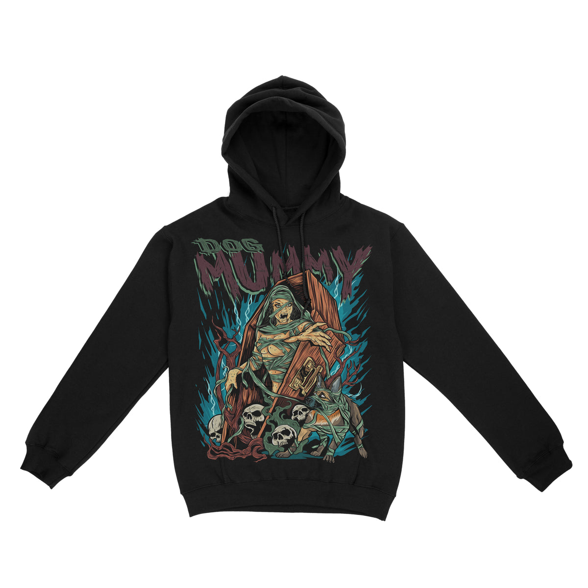 Black pullover hoodie featuring a stylized illustration of a mummy holding a dog, surrounded by skulls in a dark fantasy art style.