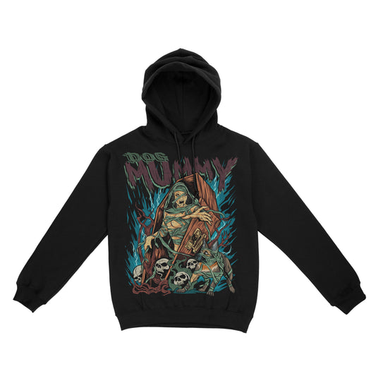 Black pullover hoodie featuring a stylized illustration of a mummy holding a dog, surrounded by skulls in a dark fantasy art style.