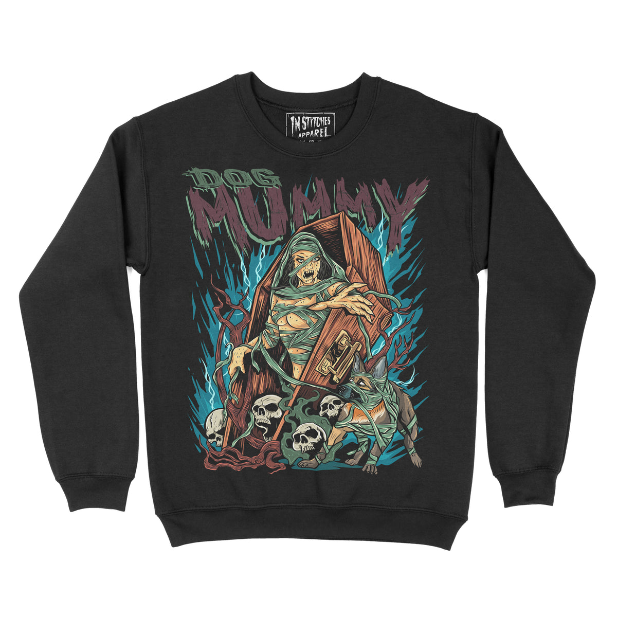 lack crewneck sweatshirt featuring a stylized illustration of a mummy holding a dog, surrounded by skulls in a dark fantasy art style.
