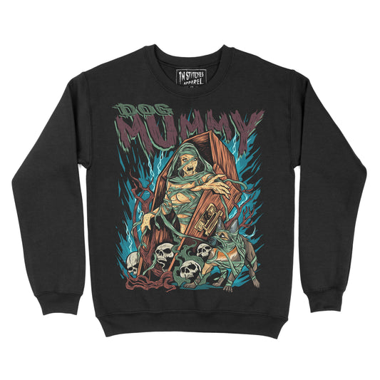lack crewneck sweatshirt featuring a stylized illustration of a mummy holding a dog, surrounded by skulls in a dark fantasy art style.