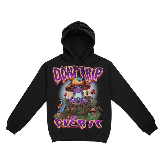 A black hoodie with a graphic print of mushrooms and text on the front.