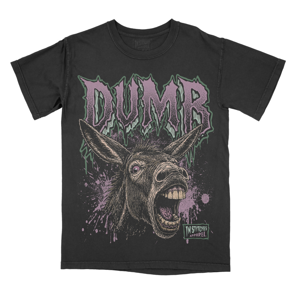 A black graphic t-shirt featuring a screaming donkey illustration and the word 'DUMB' in a stylized purple and green font.