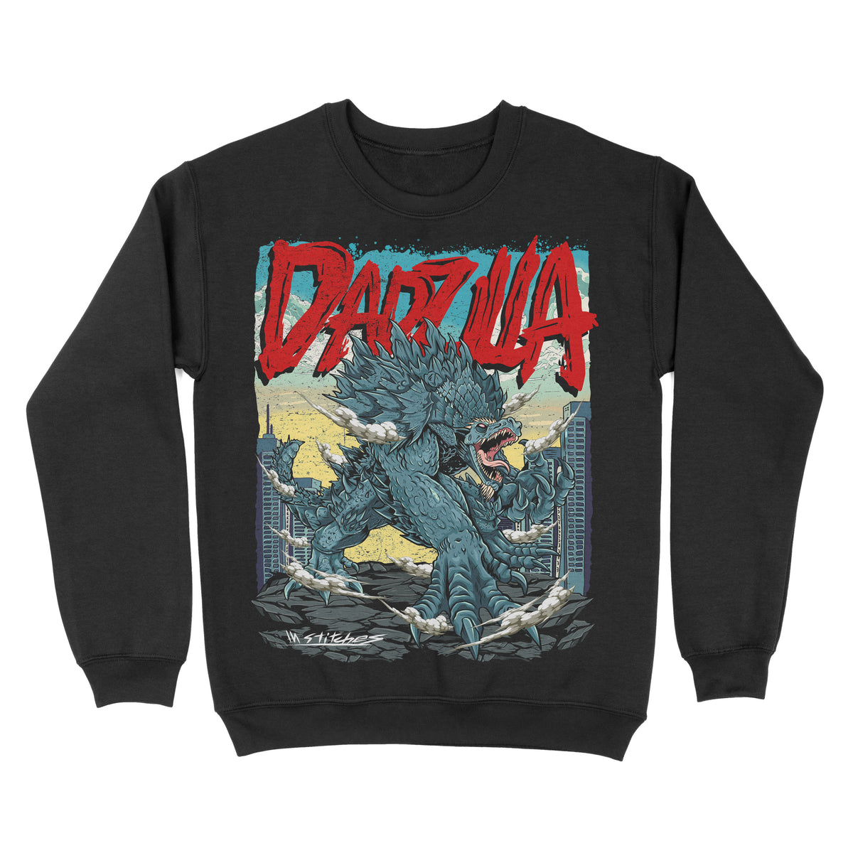 A black crewneck sweatshirt with a graphic print in the center featuring the word 'DADZILLA' with a blue and red backdrop.