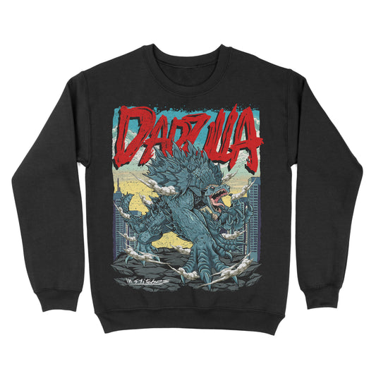 A black crewneck sweatshirt with a graphic print in the center featuring the word 'DADZILLA' with a blue and red backdrop.