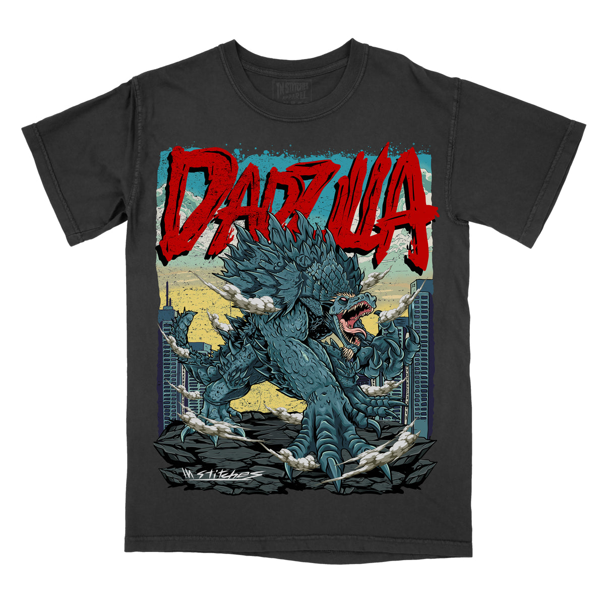 Black graphic T-shirt shown from the front featuring a roaring blue monster emerging from rubble with the red text “DADZILLA” across the top.