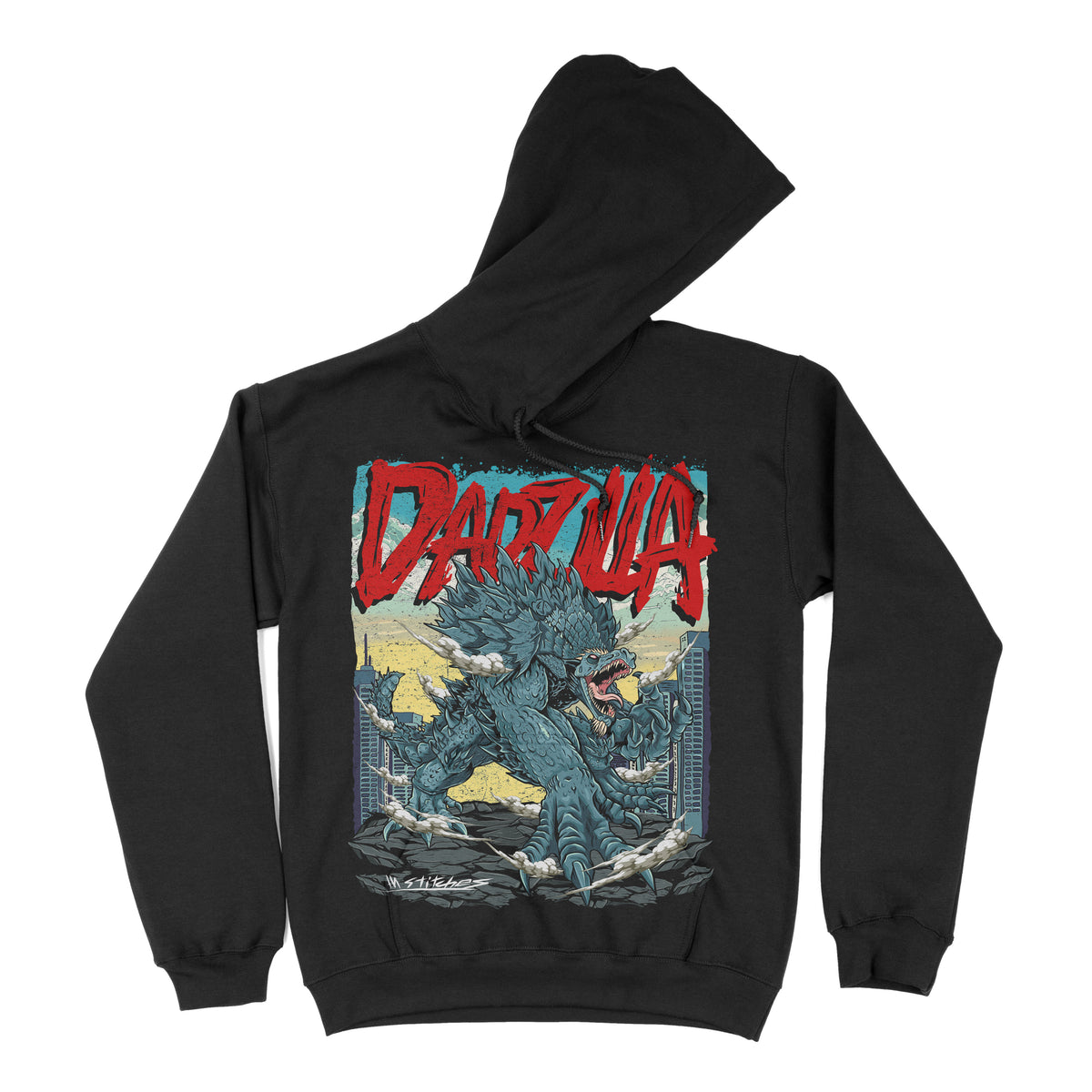 Black hoodie with a graphic print of a monster and the text 'DADZILLA' on the front.
