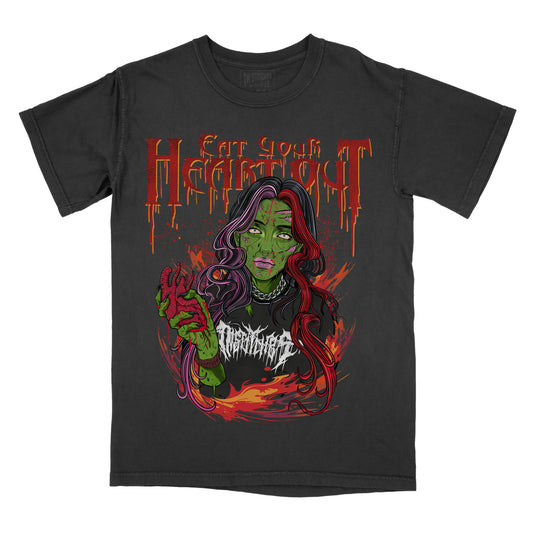 black t-shirt with a graphic print of a character and text 'EAT YOUR HEART OUT' on the front.