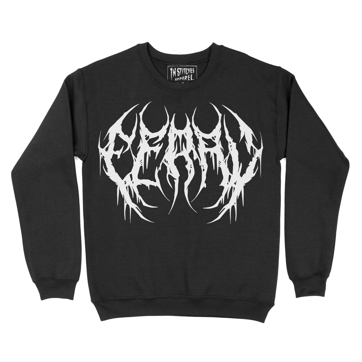 Black crewneck featuring white metal-style text reading “feral” across the chest.