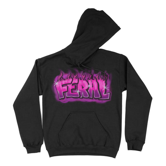 Black hoodie with a graphic print in purple and pink shades saying 'Feral'.