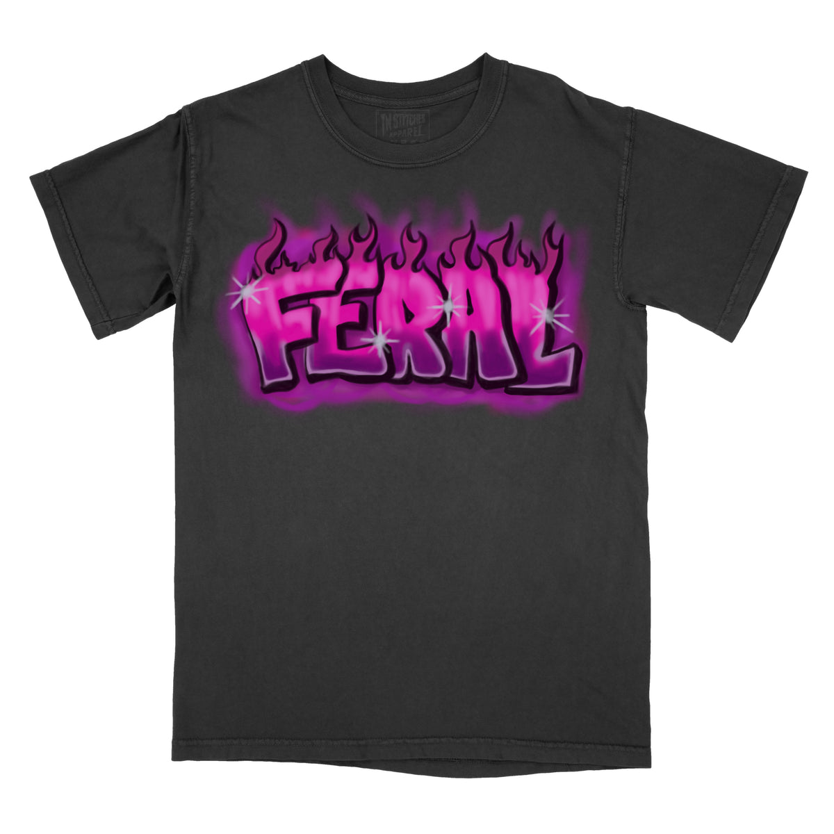 A black graphic tee with a vibrant pink and purple flame design and the word 'Feral' in the center.