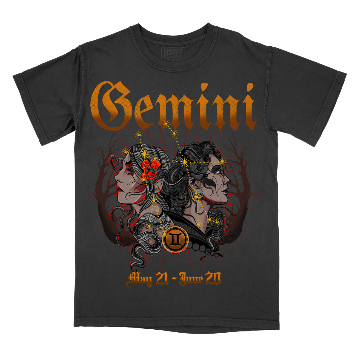 Pepper graphic t-shirt featuring a Gemini zodiac design with twin illustrated faces, constellation accents, and dates May 21 to June 20.