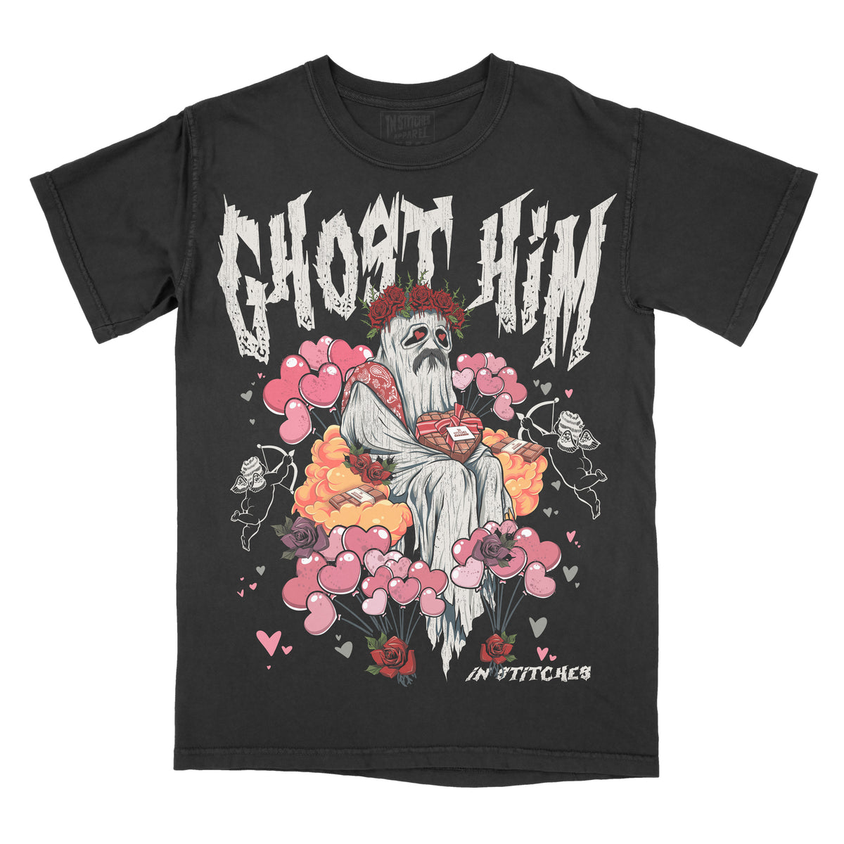 Black graphic tee with a design of a ghost holding a teddy bear, surrounded by pink hearts and floral elements, with the text 'GHOST HIM' prominently displayed.