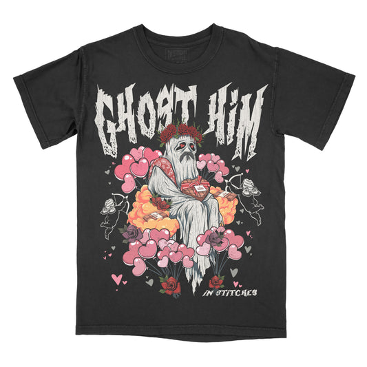 Black graphic tee with a design of a ghost holding a teddy bear, surrounded by pink hearts and floral elements, with the text 'GHOST HIM' prominently displayed.