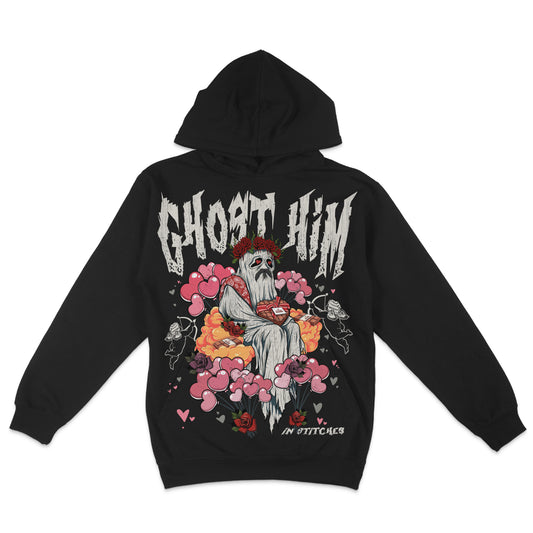 Front view of a black pullover hoodie with a front kangaroo pocket, featuring a “Ghost Him” gothic Valentine-themed graphic.