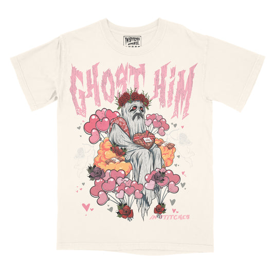 Ivory graphic tee with a design of a ghost holding a teddy bear, surrounded by pink hearts and floral elements, with the text 'GHOST HIM' prominently displayed.