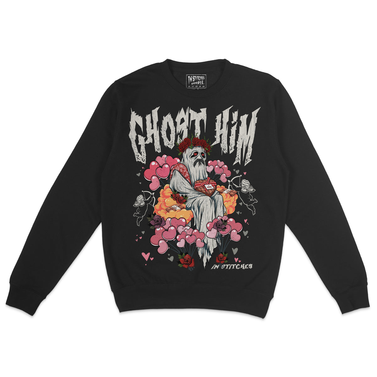 A black crewneck sweatshirt with a graphic print of a ghost holding heart shaped candy box, surrounded by pink flowers and the text 'GHOST HIM'.