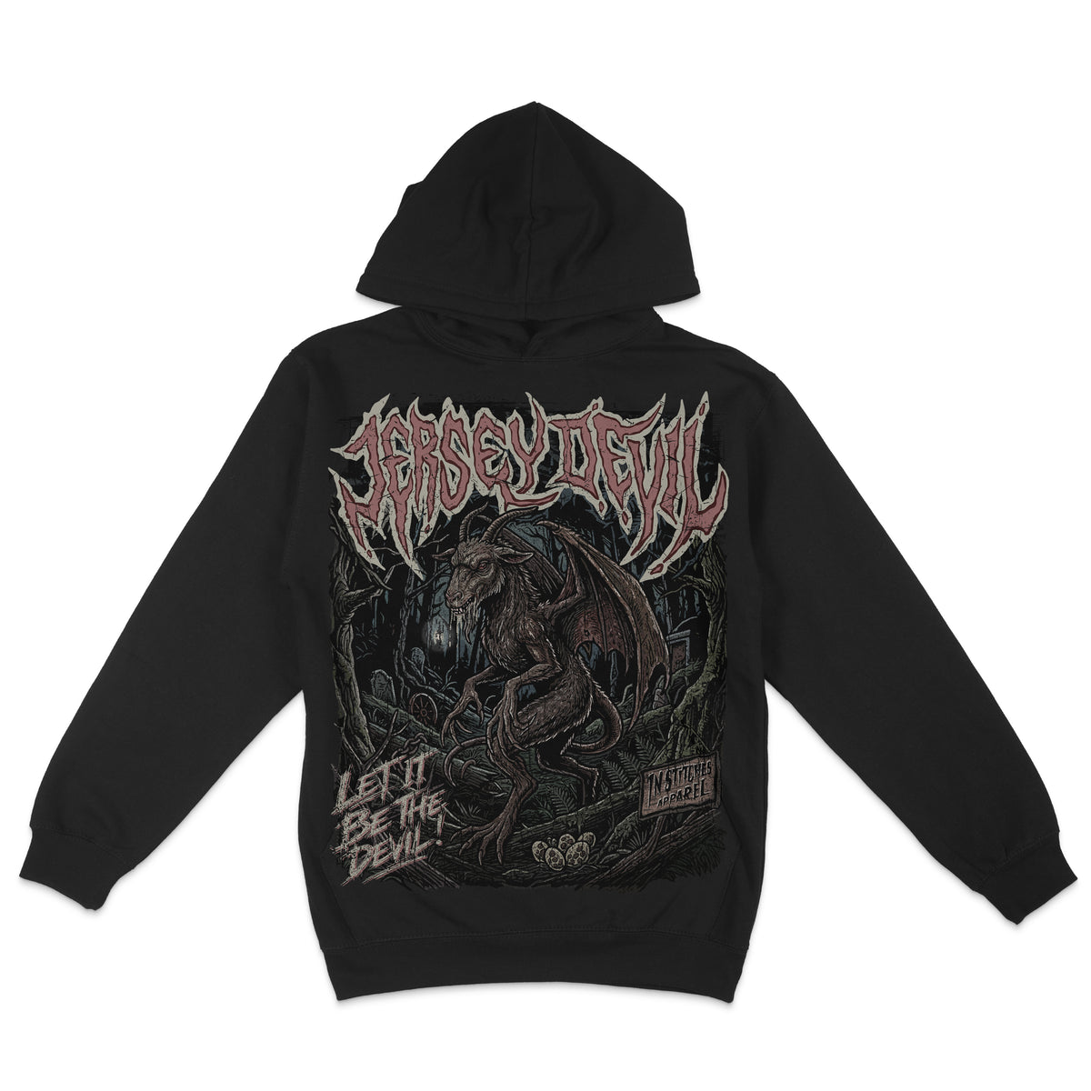Black hoodie featuring a dark Jersey Devil graphic with a horned winged creature in a creepy forest and distressed gothic lettering.