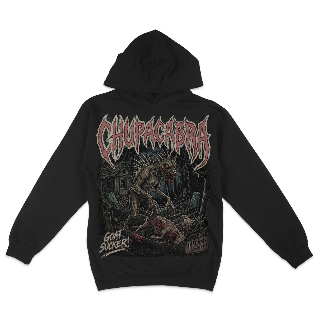 Black hoodie featuring a dark Chupacabra horror graphic with a monstrous spiked creature, glowing red eyes, and distressed gothic lettering.