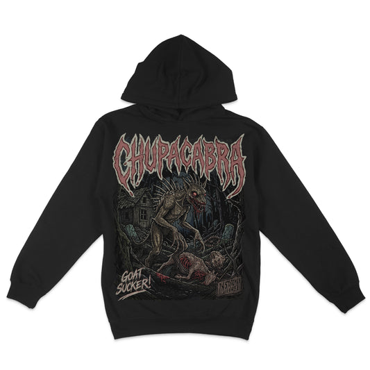 Black hoodie featuring a dark Chupacabra horror graphic with a monstrous spiked creature, glowing red eyes, and distressed gothic lettering.
