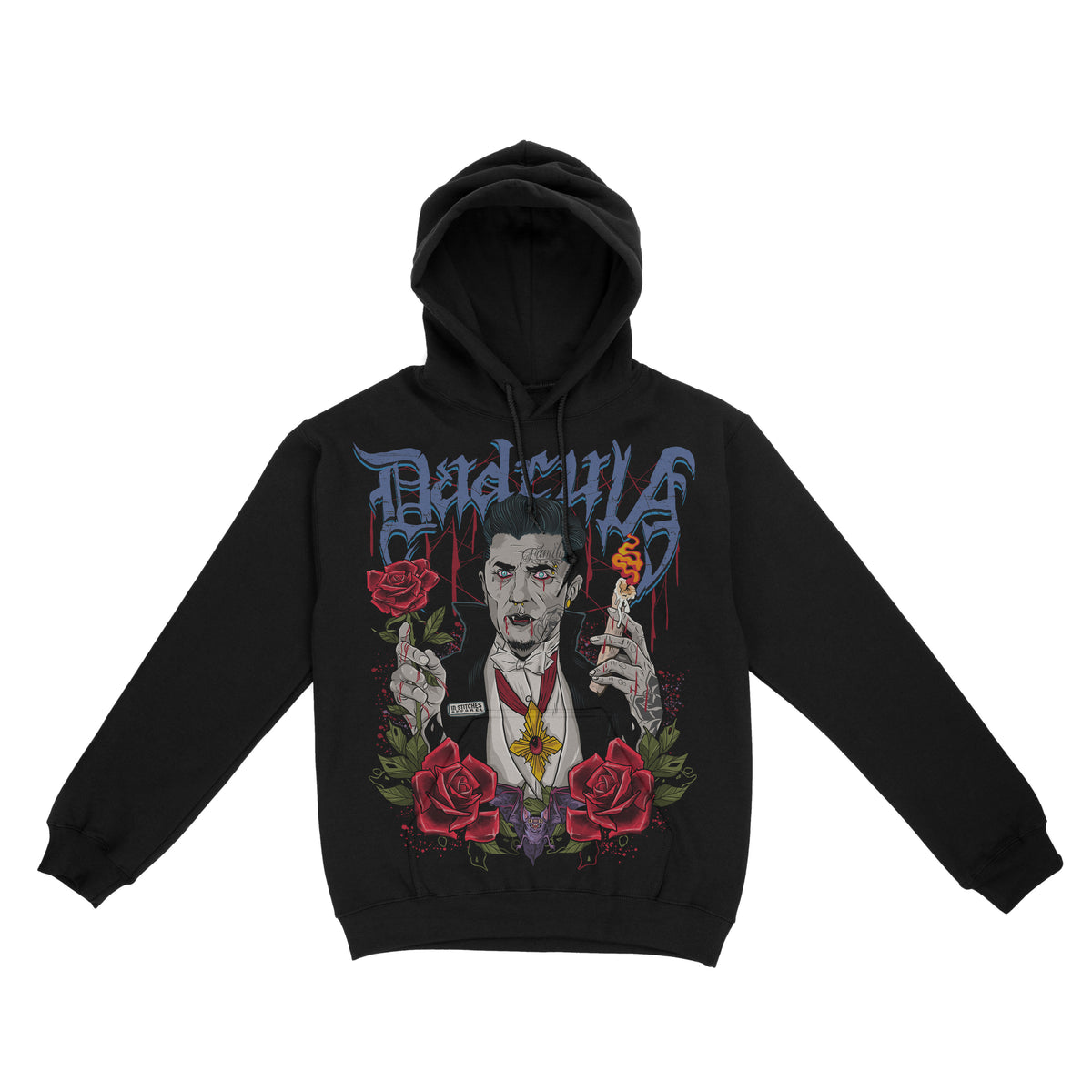 Black pullover hoodie featuring a gothic illustration of a vampire holding a drink, surrounded by red roses.