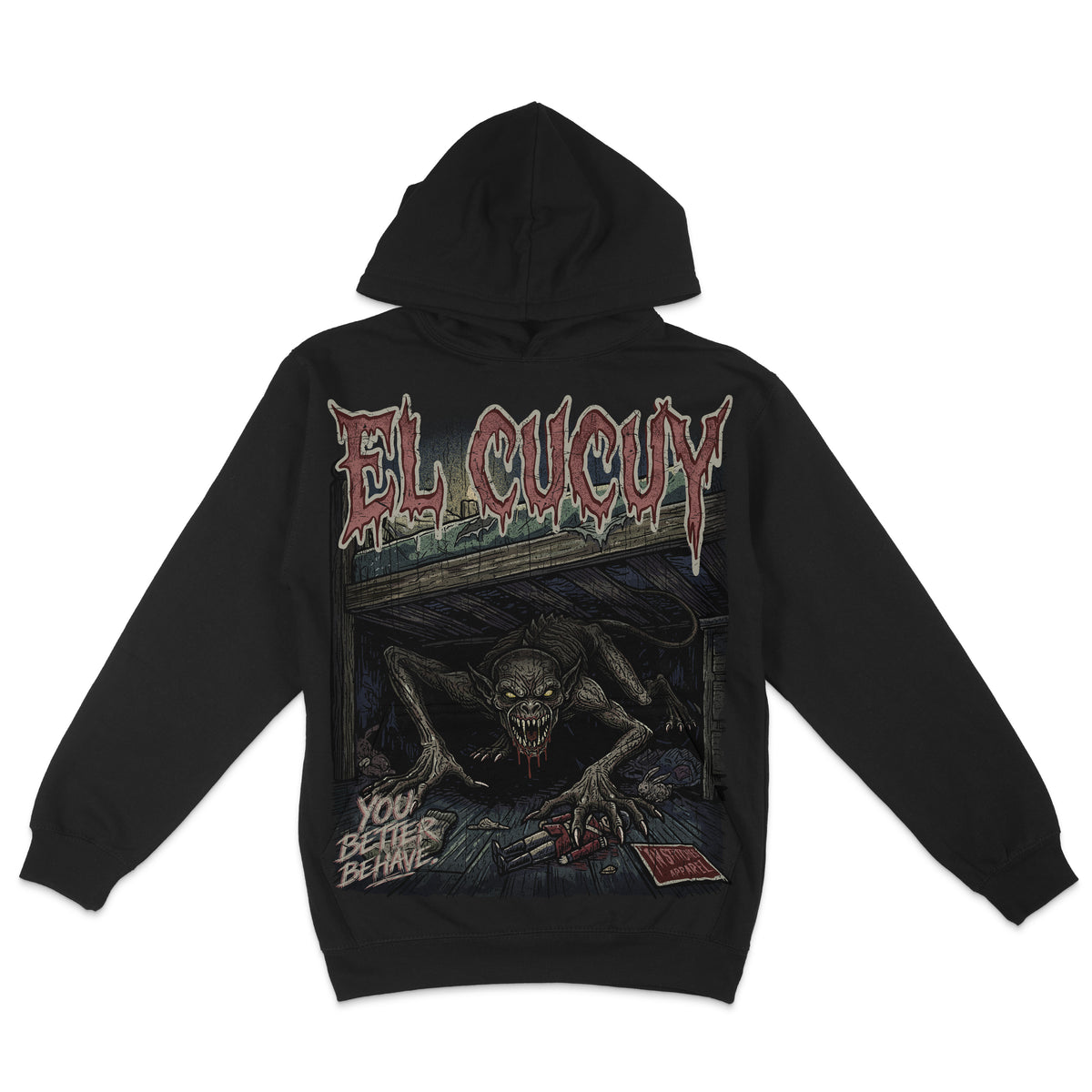 Black hoodie featuring an El Cucuy horror graphic with a terrifying creature crawling from beneath a bed and distressed red gothic lettering.