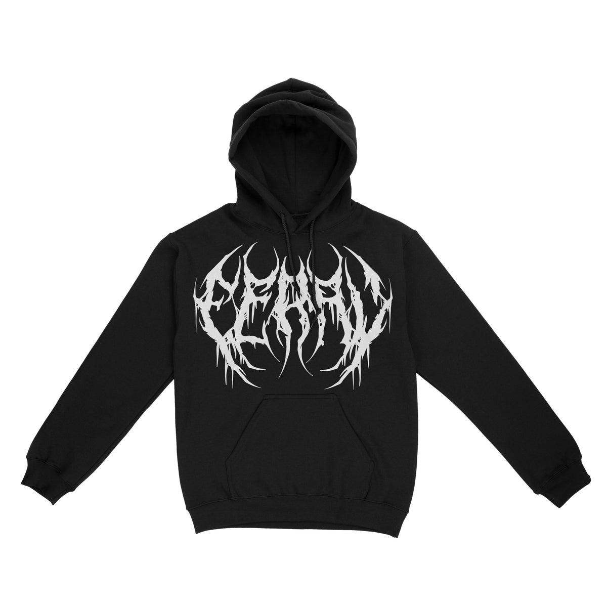 Black hoodie featuring white metal-style text reading “feral” across the chest.