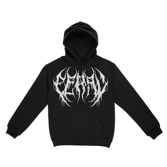 Black hoodie featuring white metal-style text reading “feral” across the chest.