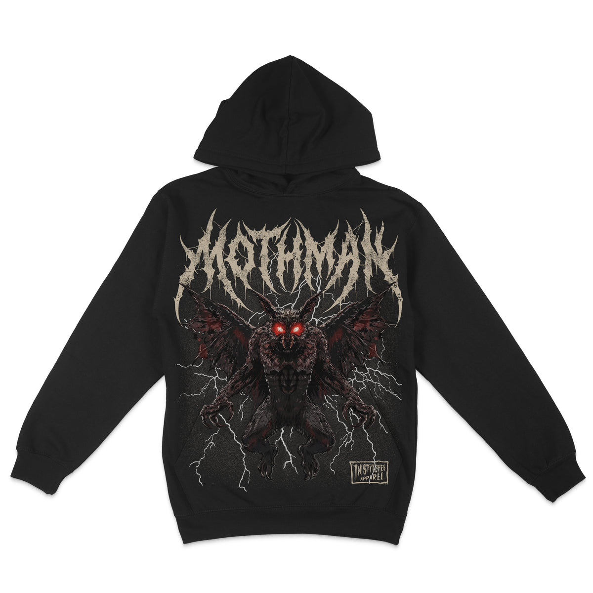 Black hoodie featuring a dark Mothman graphic with glowing red eyes, spread wings, lightning, and distressed gothic lettering.