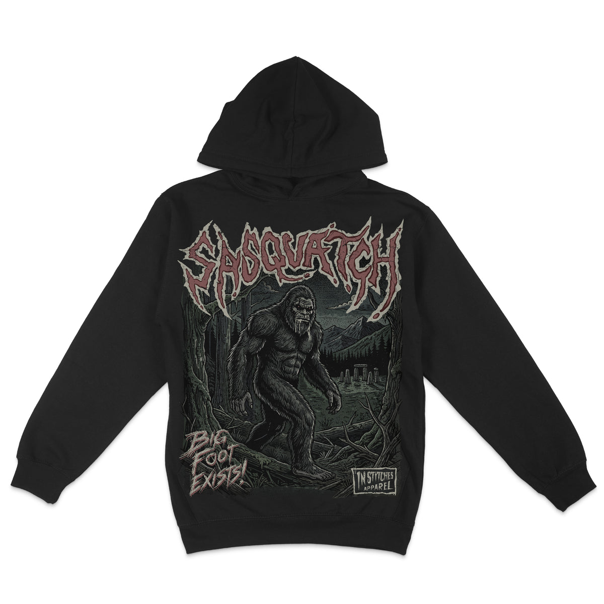 Black hoodie featuring a vintage Sasquatch Bigfoot graphic with distressed red lettering and a dark forest and mountain scene.