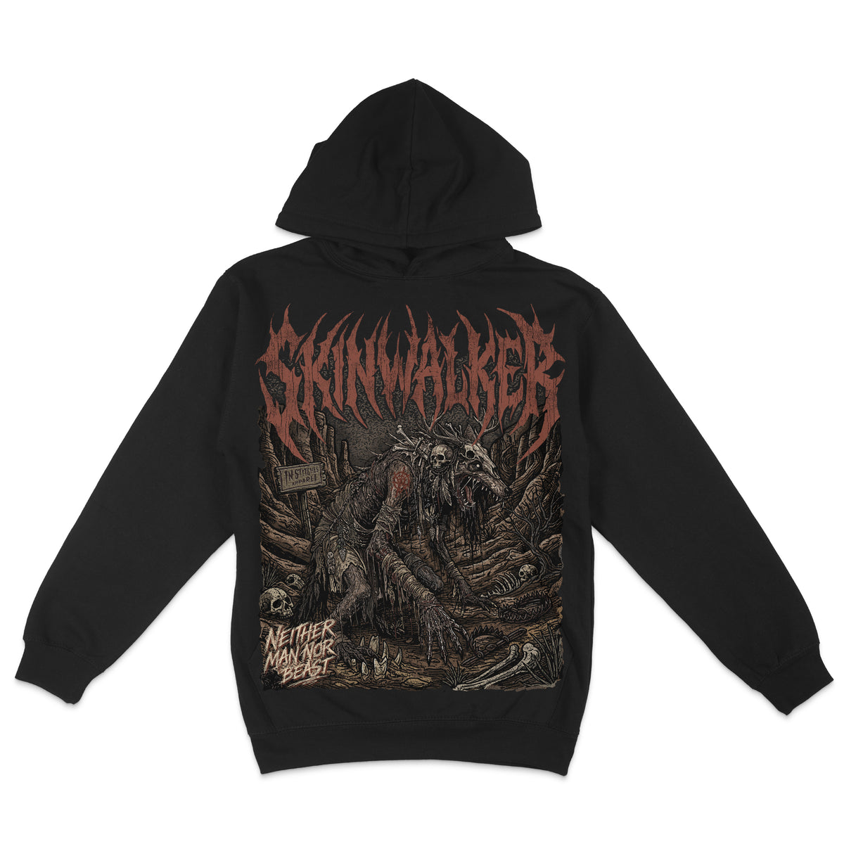 Black hoodie featuring a dark Skinwalker horror graphic with a skeletal animal-like creature, skulls, bones, and distressed red gothic lettering.