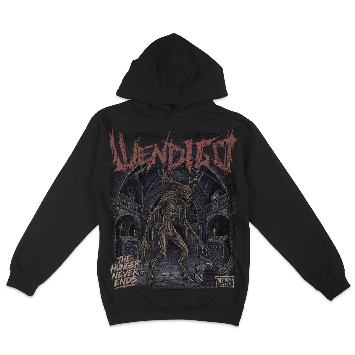 Black hoodie featuring a dark Wendigo horror graphic with an antlered skeletal creature inside a gothic crypt and distressed red lettering.