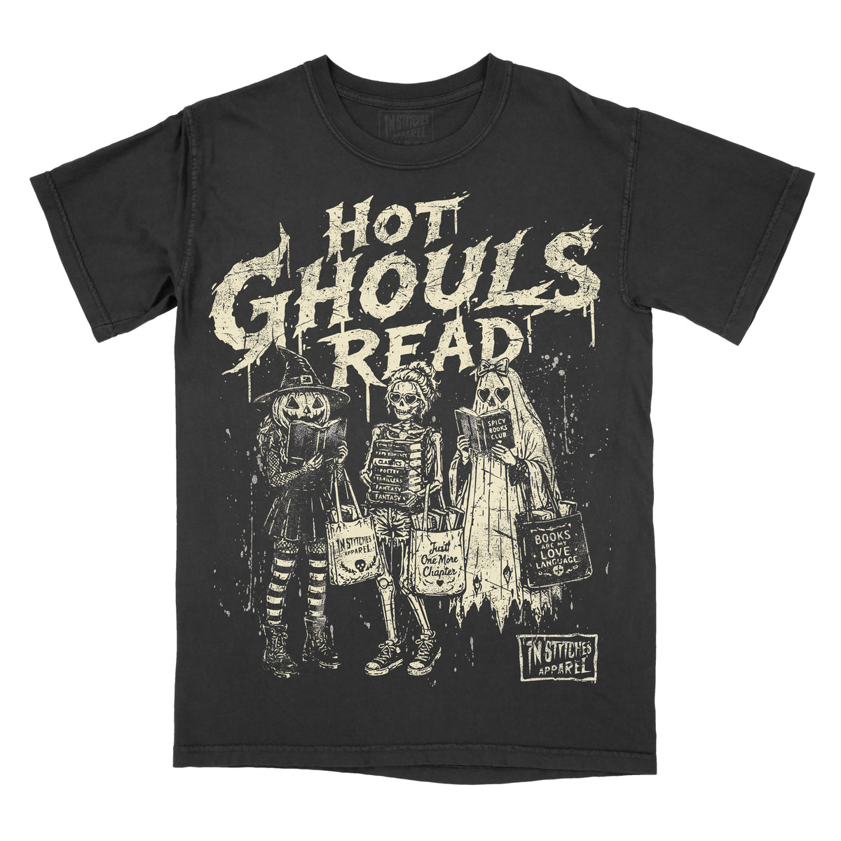 A black short-sleeve graphic t-shirt featuring the distressed white text 'HOT GHOULS READ' above three skeleton characters in Halloween costumes holding bags, with a 'In Stitches Apparel' logo in the bottom right corner.