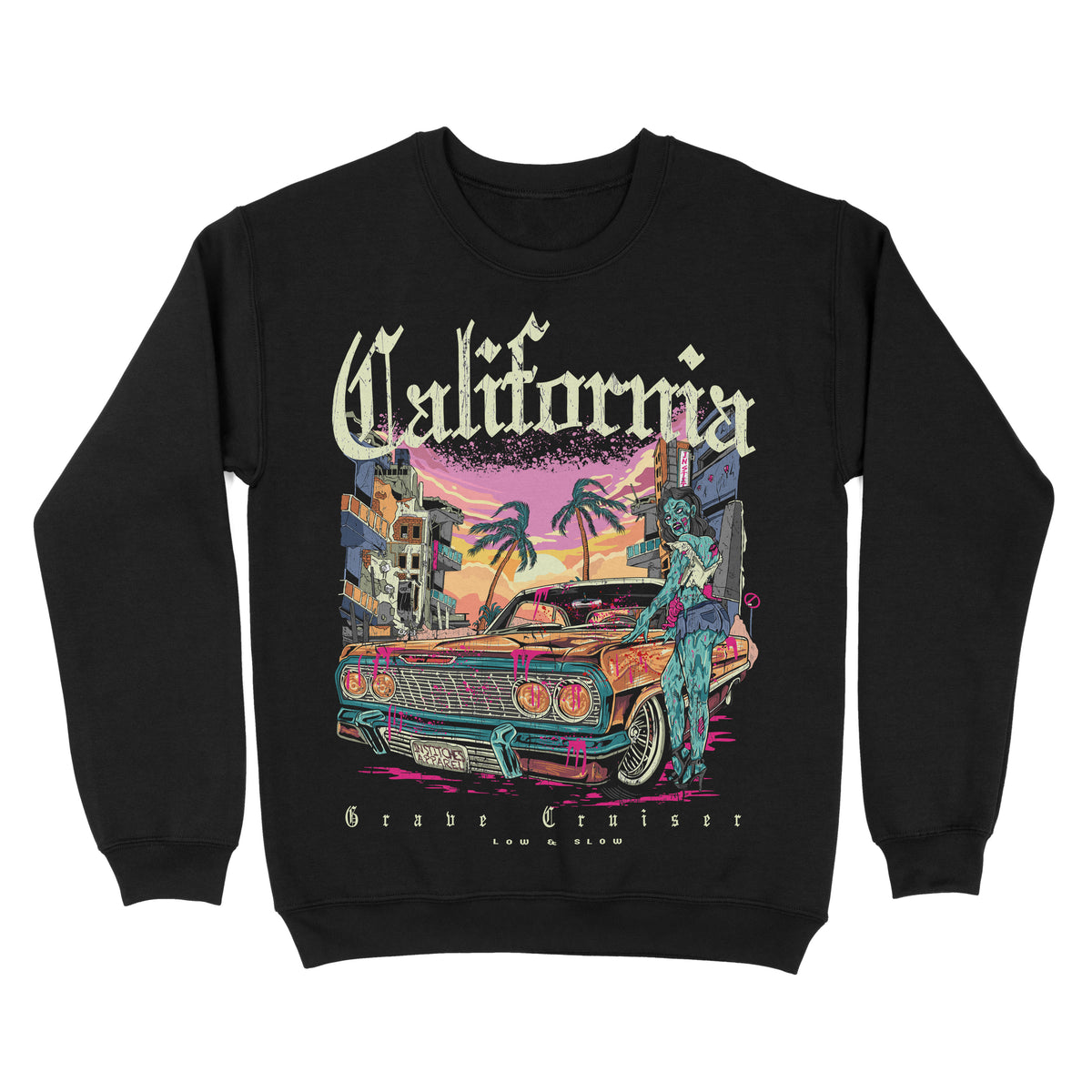 Black sweatshirt featuring a California-themed graphic with a lowrider car, palm trees, urban buildings, and sunset colors, with “California” text above the artwork.