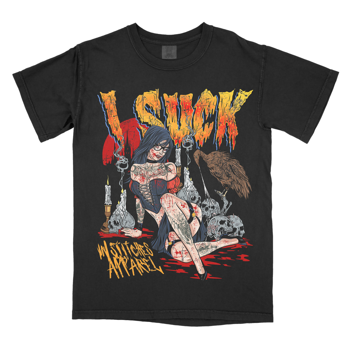 Black t-shirt featuring a horror-inspired illustration of a seated woman surrounded by candles and skulls, with the words ‘I Suck’ in distressed lettering and a vampire-themed gothic design.