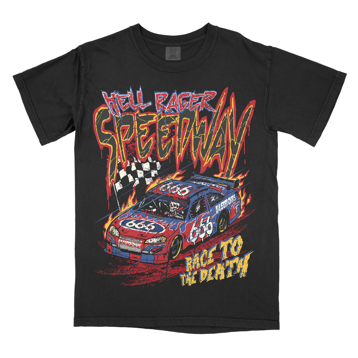 Black graphic tee with a racing car and flames design, and the text 'Hell Racer Speedway Race To The Death'