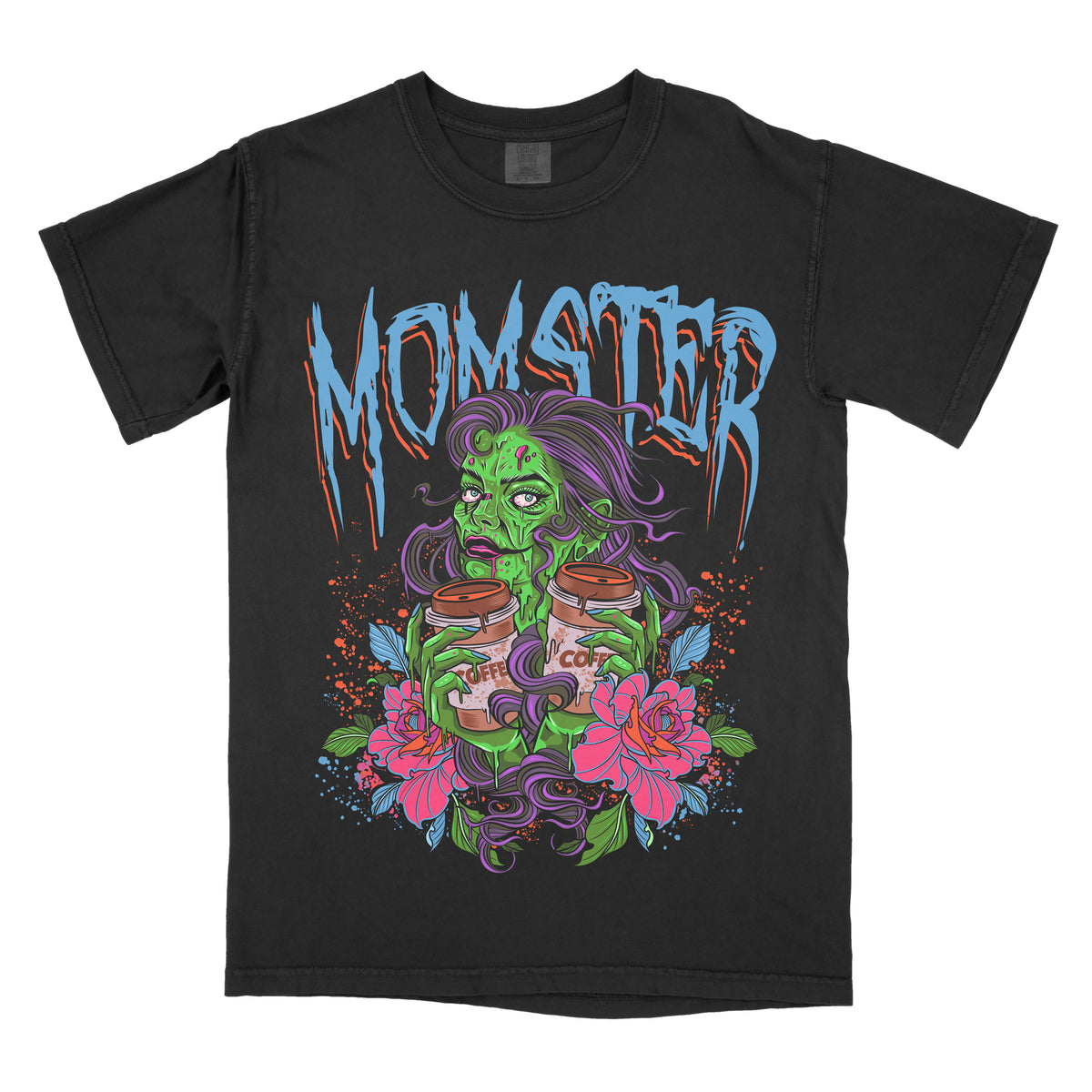 A graphic tee with a large print of a green monster character, surrounded by pink and blue floral designs, with the word 'MOMSTER' above it in bold lettering.