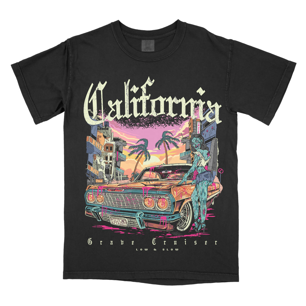 Black graphic tee with 'California' text and an illustration of a car and palm trees.
