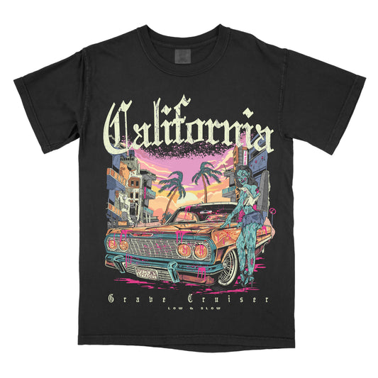 Black graphic tee with 'California' text and an illustration of a car and palm trees.