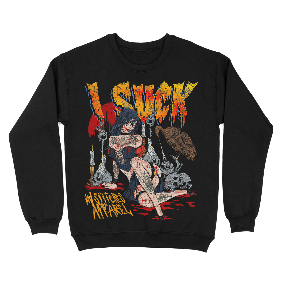 Black sweatshirt featuring a horror-inspired illustration of a seated woman surrounded by candles and skulls, with the words ‘I Suck’ in distressed lettering and a vampire-themed gothic design.