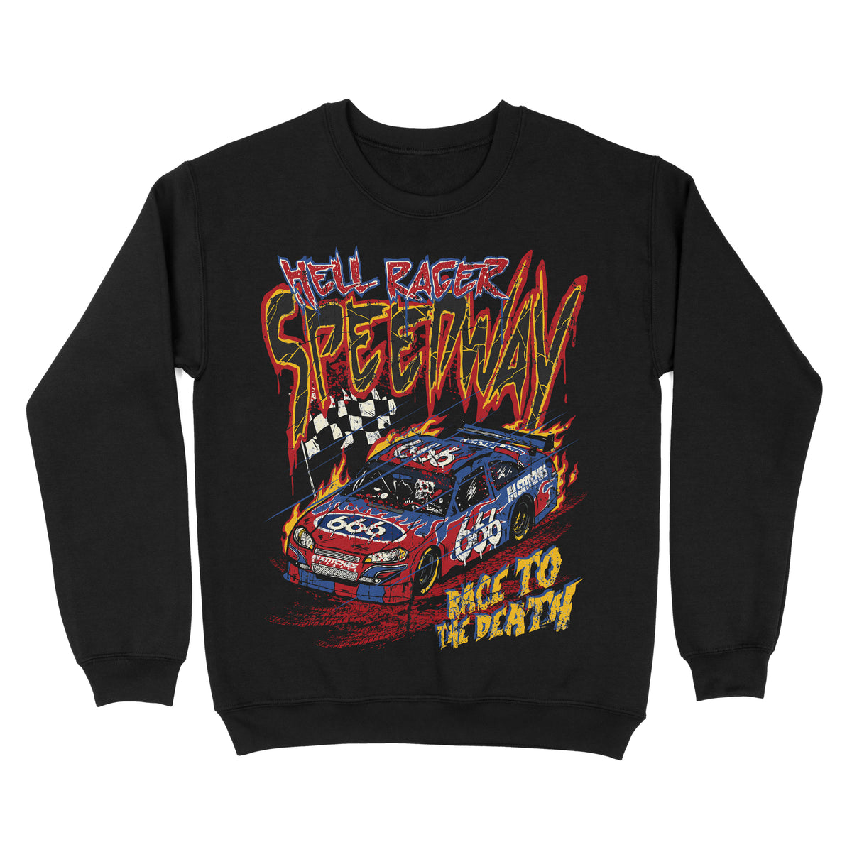 Black sweatshirt with a racing car and flames design, and the text 'Hell Racer Speedway Race To The Death'