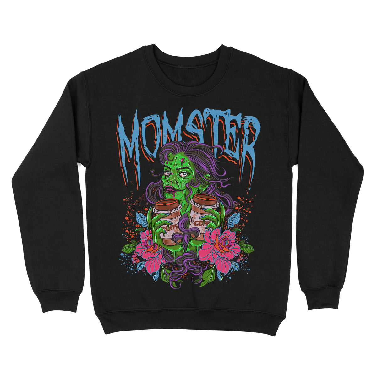 Black sweatshirt with a large print of a green monster character, surrounded by pink and purple floral designs, with the word 'MOMSTER' written across the chest in bold, blue letters.