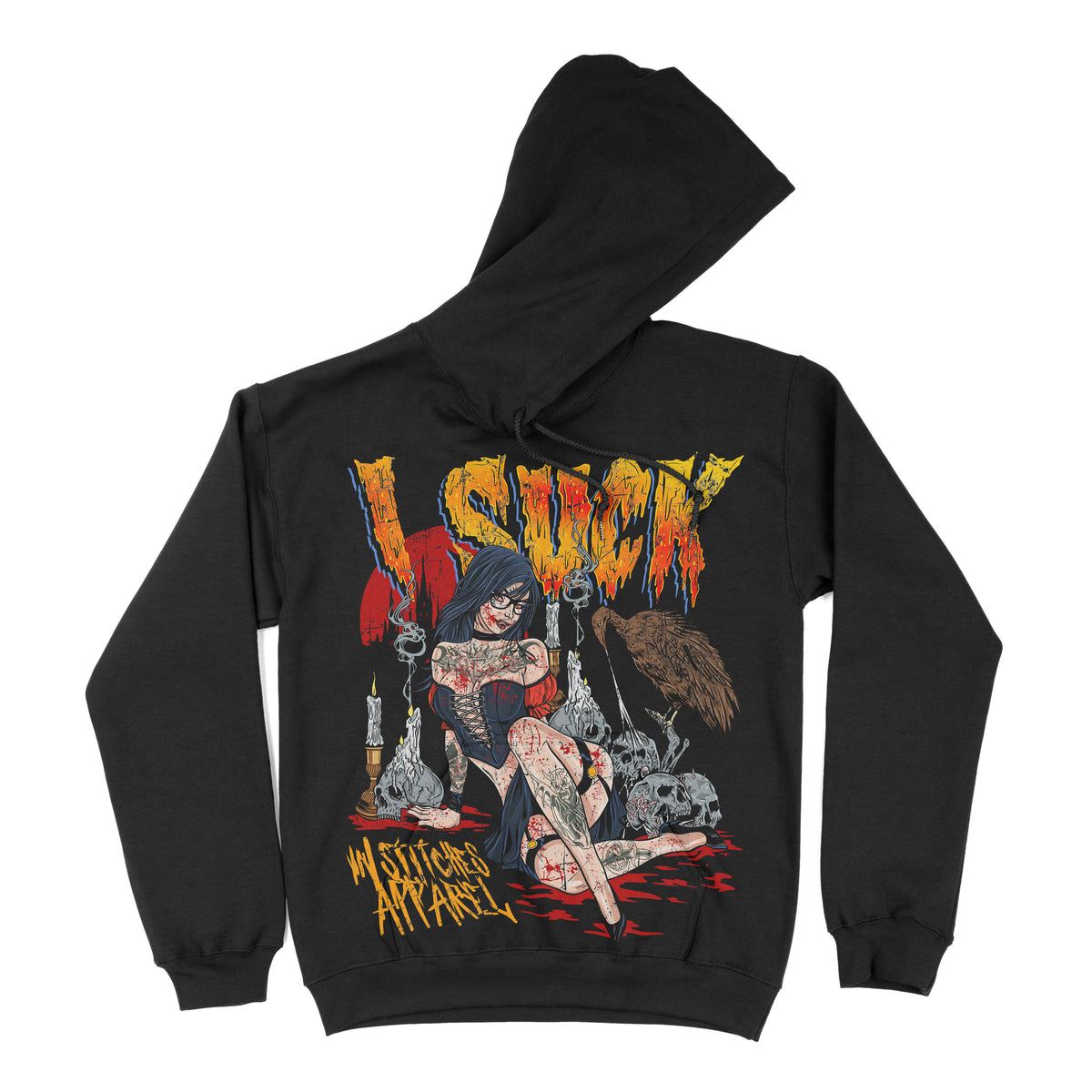 Black hoodie featuring a horror-inspired illustration of a seated woman surrounded by candles and skulls, with the words ‘I Suck’ in distressed lettering and a vampire-themed gothic design.