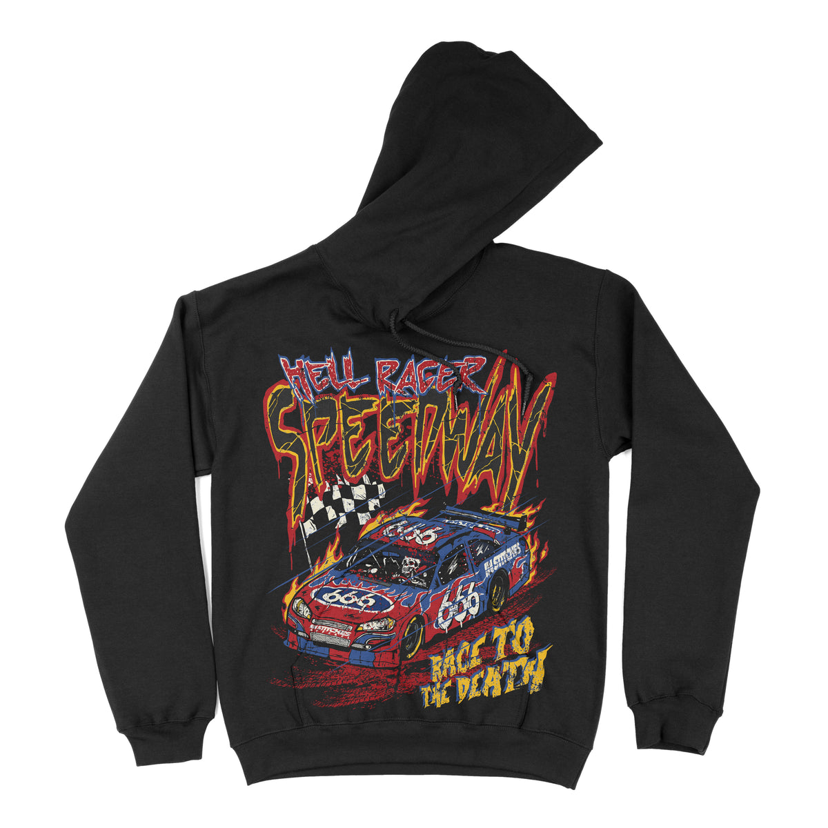 Front view of black hoodie featuring a racing car graphic with flames, a checkered flag, and text reading “Hell Racer Speedway” and “Race to the Death.”