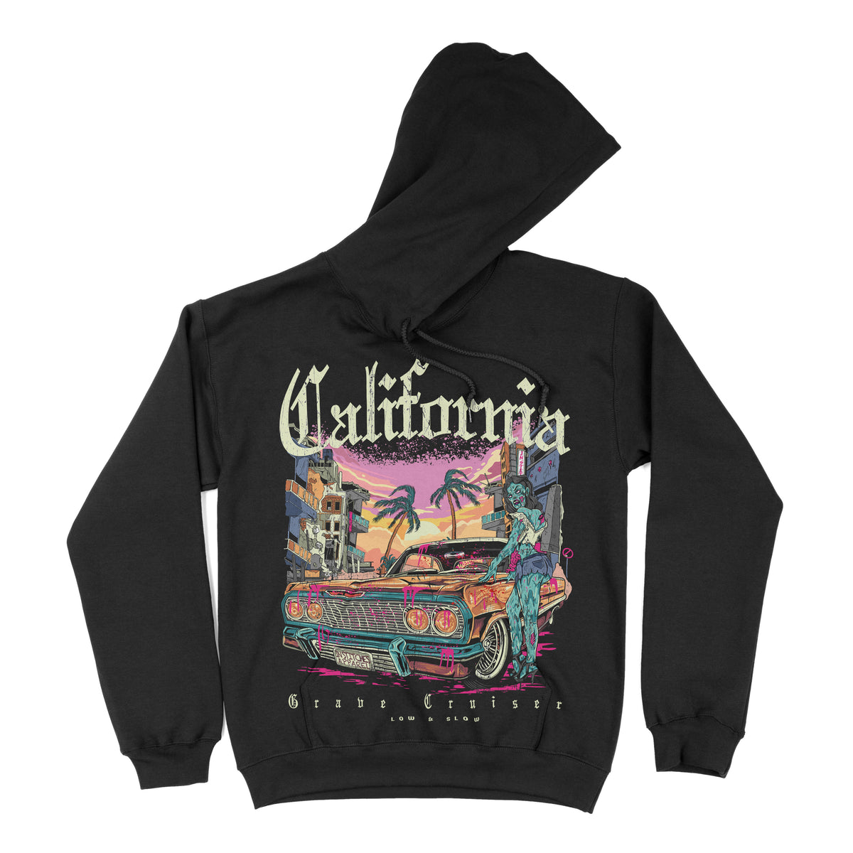 Front view of black hoodie featuring a California-themed graphic with a lowrider car, palm trees, urban buildings, and sunset colors, with “California” text above the artwork.